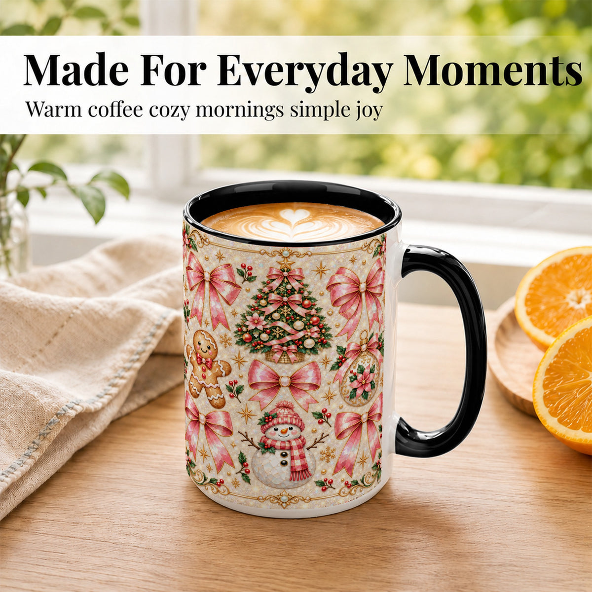 #pl[15oz|Black] Pink Mosaic Christmas Coffee Mug, Snowman Holiday Mug, Ceramic Cup