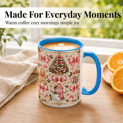 #pl[15oz|Blue] Pink Mosaic Christmas Coffee Mug, Snowman Holiday Mug, Ceramic Cup