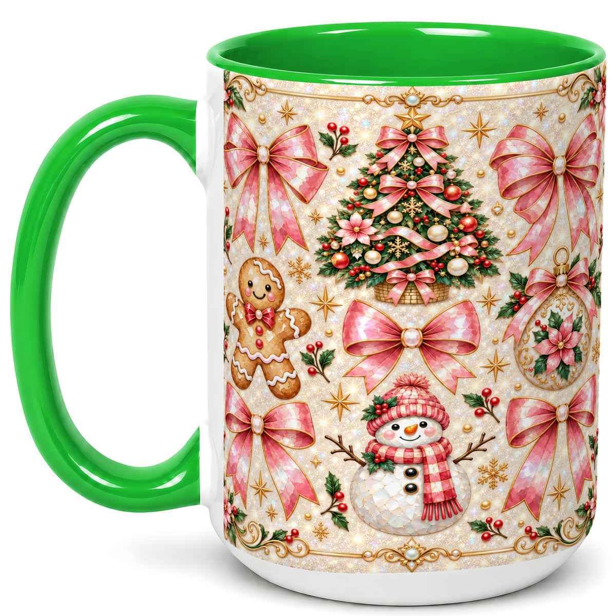 #pl[15oz|Green] Pink Mosaic Christmas Coffee Mug, Snowman Holiday Mug, Ceramic Cup