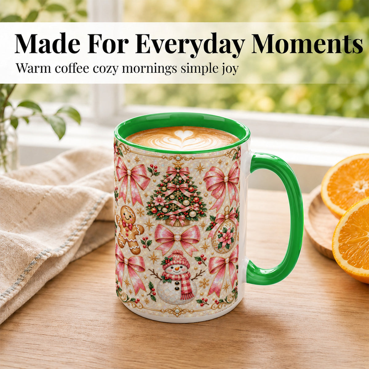 #pl[15oz|Green] Pink Mosaic Christmas Coffee Mug, Snowman Holiday Mug, Ceramic Cup