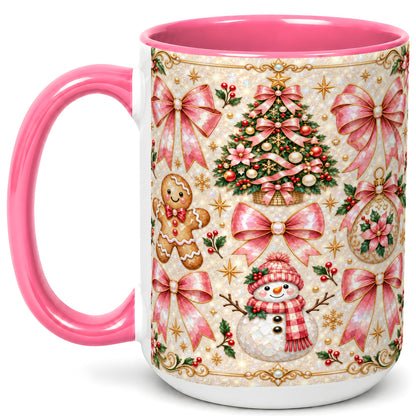 #pl[15oz|Pink] Pink Mosaic Christmas Coffee Mug, Snowman Holiday Mug, Ceramic Cup