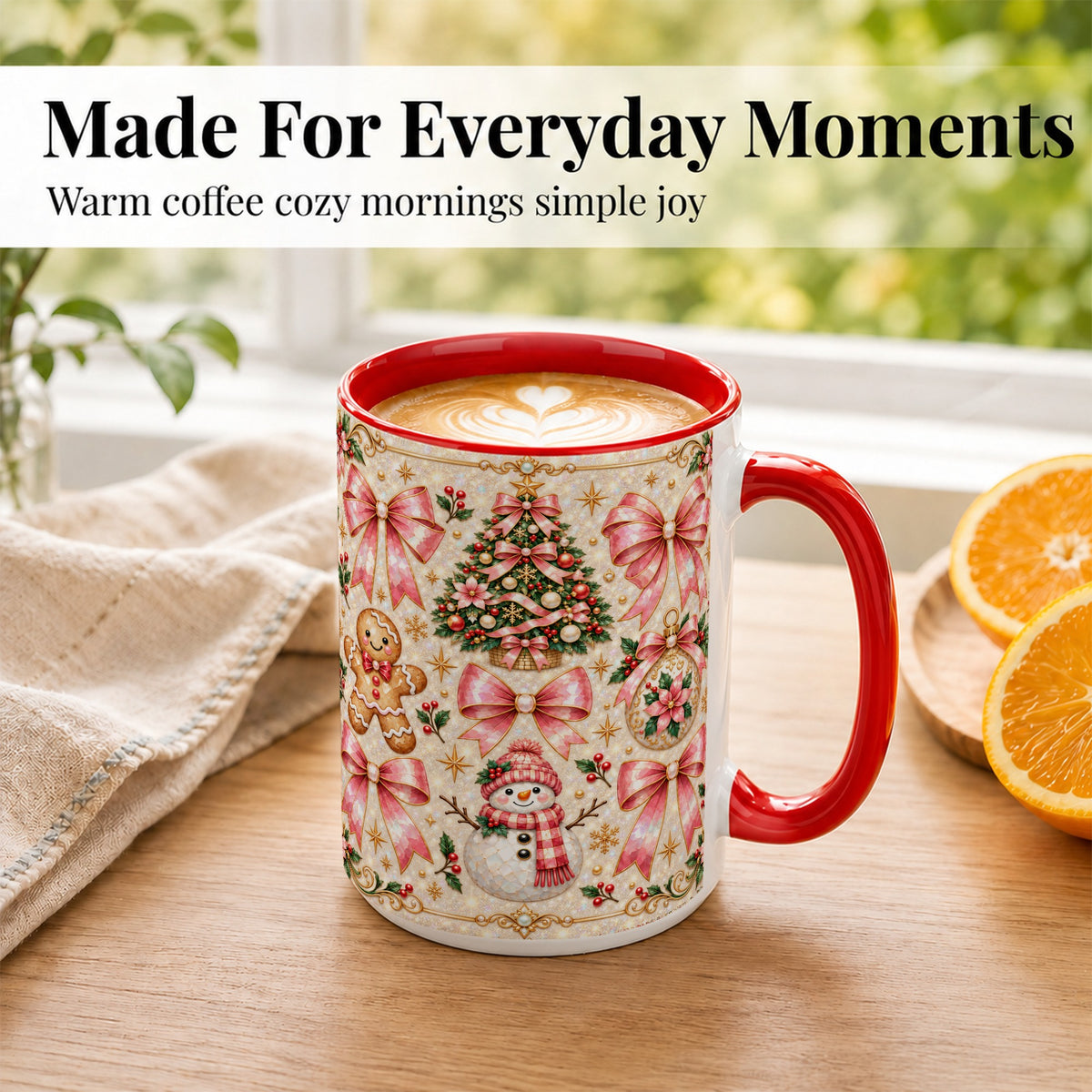 #pl[15oz|Red] Pink Mosaic Christmas Coffee Mug, Snowman Holiday Mug, Ceramic Cup