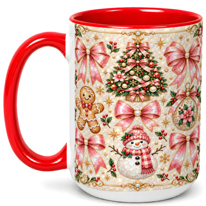 #pl[15oz|Red] Pink Mosaic Christmas Coffee Mug, Snowman Holiday Mug, Ceramic Cup