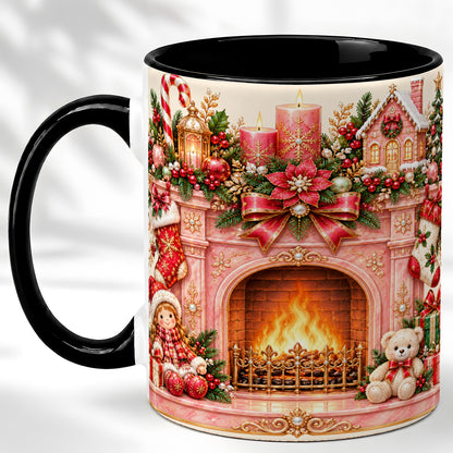#pl[11oz|Black] Pink Christmas Fireplace Coffee Mug, Holiday Decor Mug, Ceramic Cup
