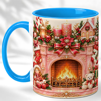 #pl[11oz|Blue] Pink Christmas Fireplace Coffee Mug, Holiday Decor Mug, Ceramic Cup