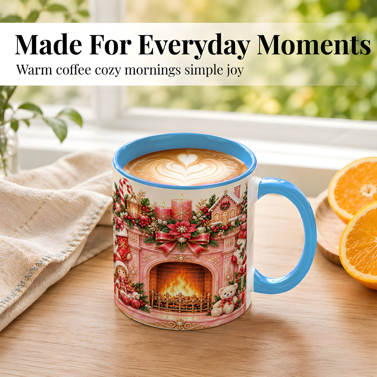 #pl[11oz|Blue] Pink Christmas Fireplace Coffee Mug, Holiday Decor Mug, Ceramic Cup