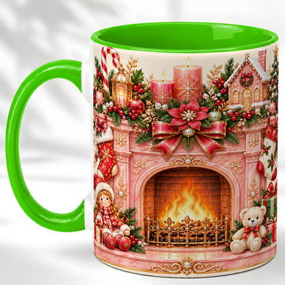 #pl[11oz|Green] Pink Christmas Fireplace Coffee Mug, Holiday Decor Mug, Ceramic Cup