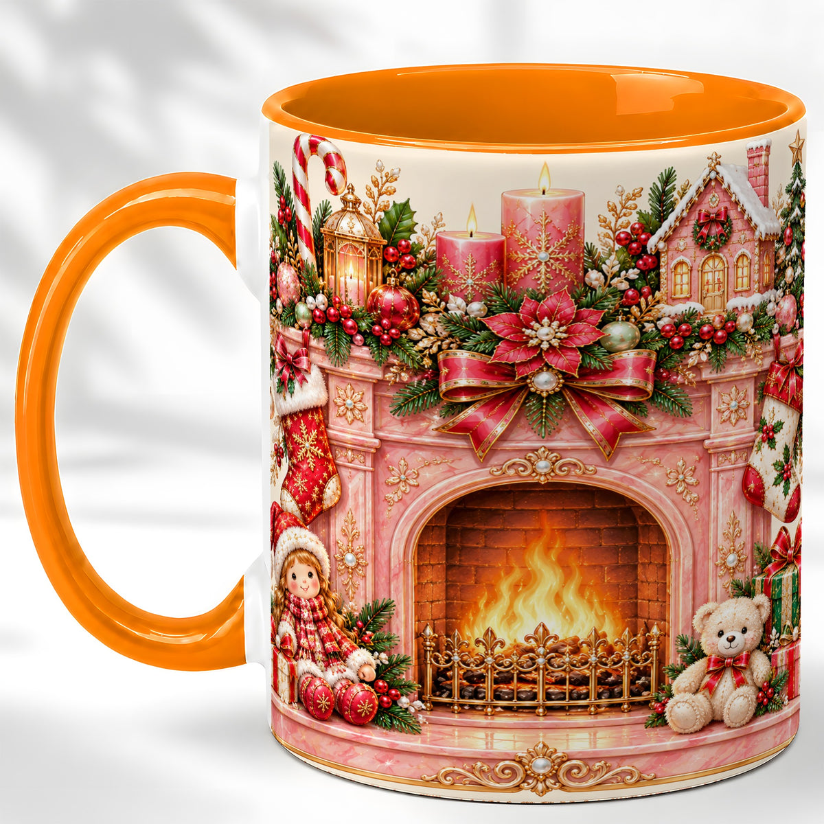#pl[11oz|Orange] Pink Christmas Fireplace Coffee Mug, Holiday Decor Mug, Ceramic Cup