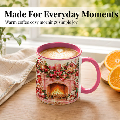 #pl[11oz|Pink] Pink Christmas Fireplace Coffee Mug, Holiday Decor Mug, Ceramic Cup