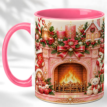 #pl[11oz|Pink] Pink Christmas Fireplace Coffee Mug, Holiday Decor Mug, Ceramic Cup