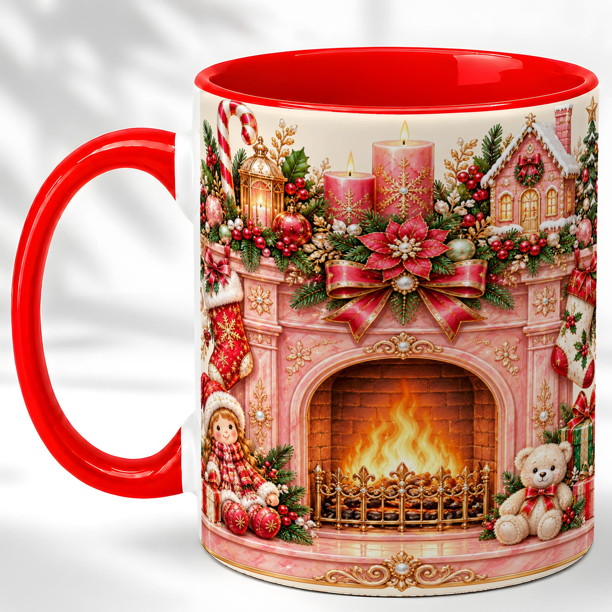 Pink Christmas Fireplace Coffee Mug, Holiday Decor Mug, Ceramic Cup