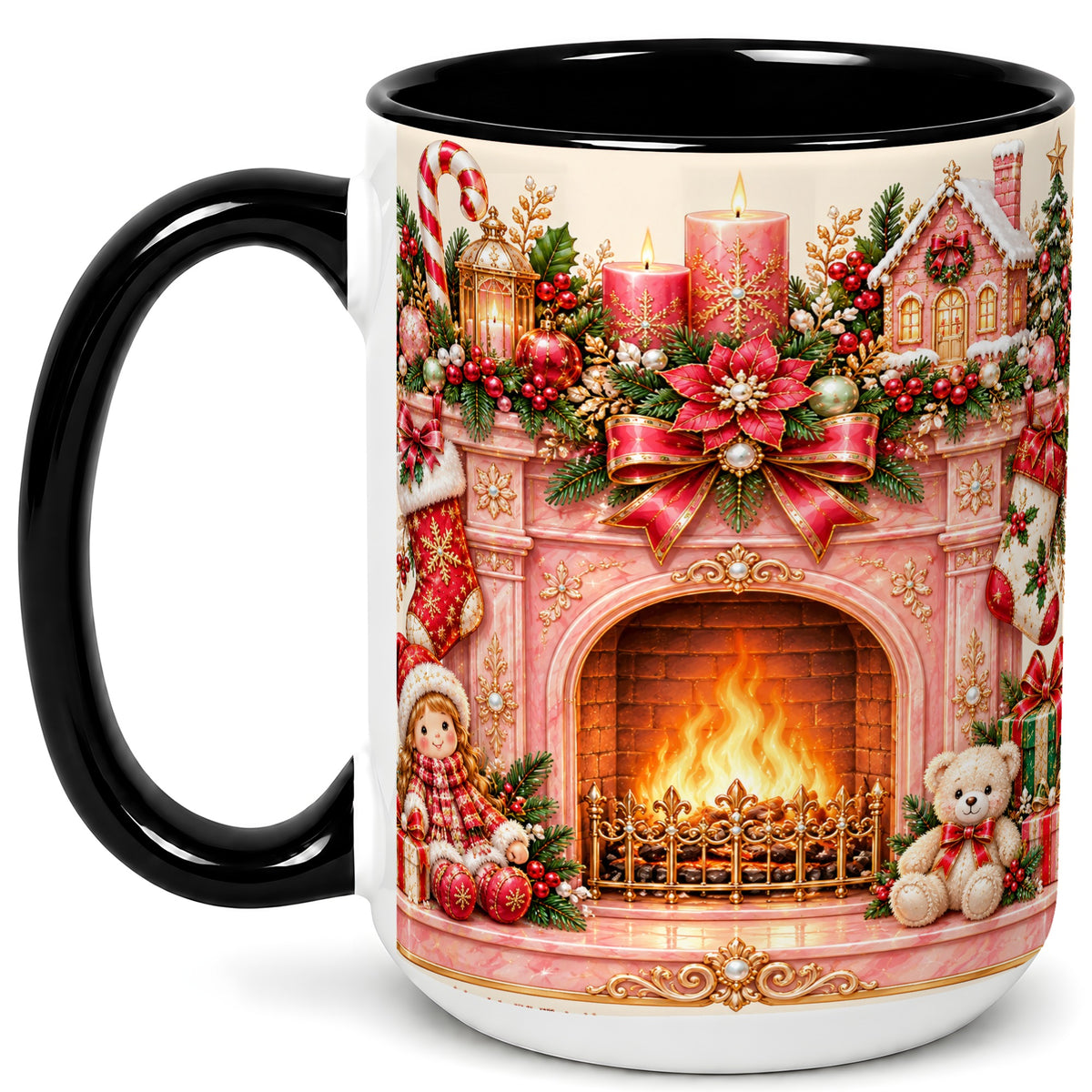 #pl[15oz|Black] Pink Christmas Fireplace Coffee Mug, Holiday Decor Mug, Ceramic Cup