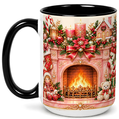 #pl[15oz|Black] Pink Christmas Fireplace Coffee Mug, Holiday Decor Mug, Ceramic Cup