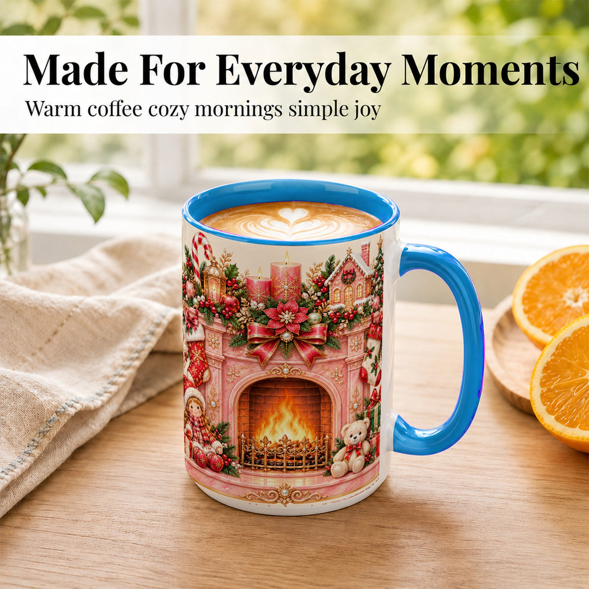 #pl[15oz|Blue] Pink Christmas Fireplace Coffee Mug, Holiday Decor Mug, Ceramic Cup