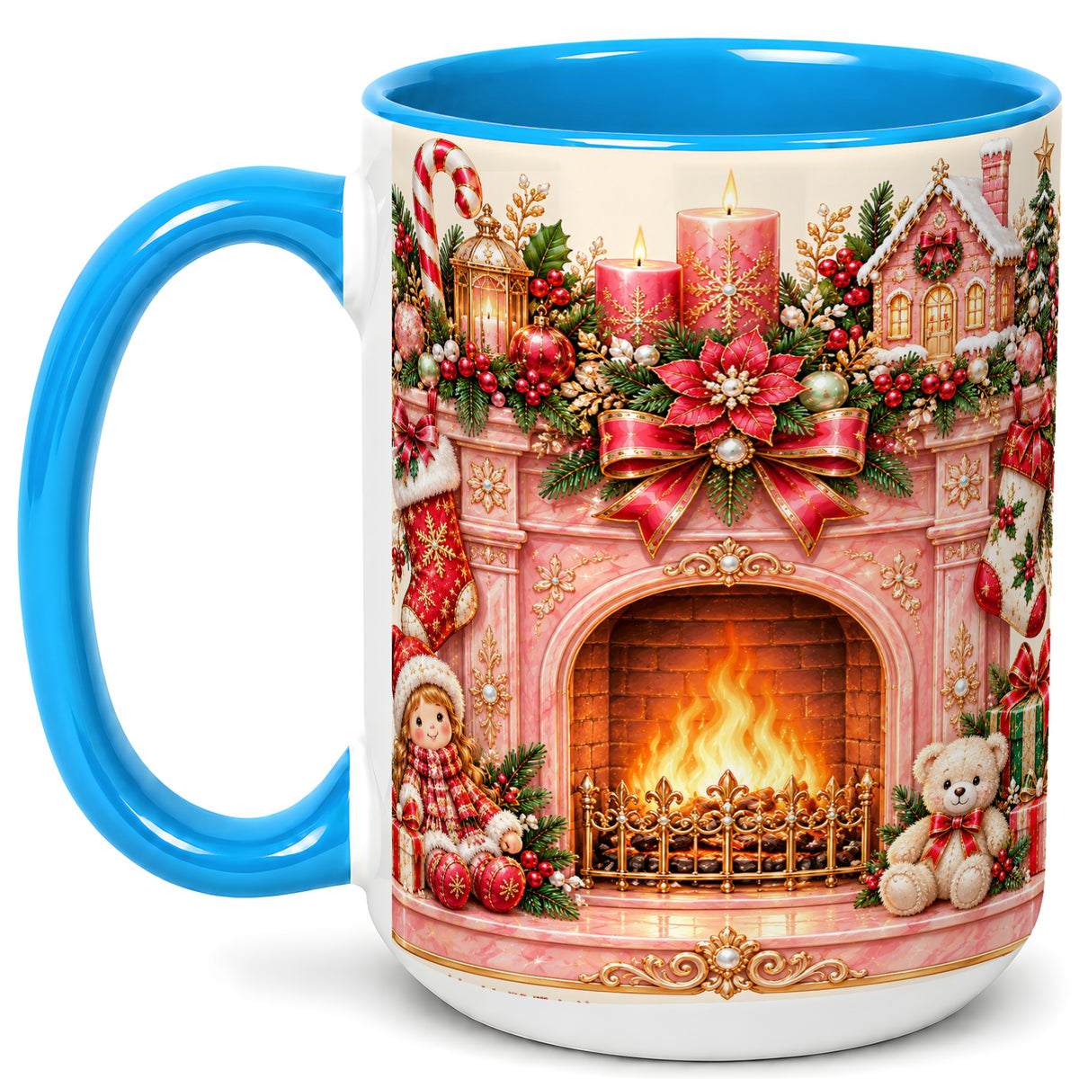 #pl[15oz|Blue] Pink Christmas Fireplace Coffee Mug, Holiday Decor Mug, Ceramic Cup