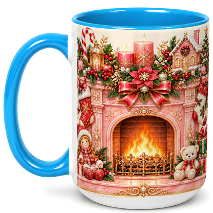 #pl[15oz|Blue] Pink Christmas Fireplace Coffee Mug, Holiday Decor Mug, Ceramic Cup