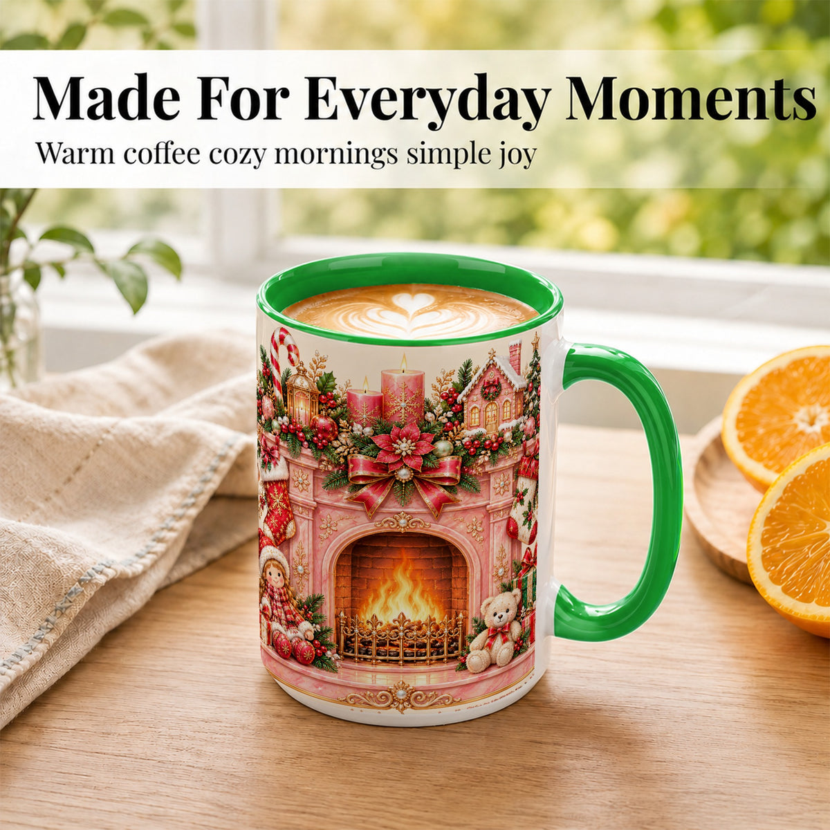 #pl[15oz|Green] Pink Christmas Fireplace Coffee Mug, Holiday Decor Mug, Ceramic Cup