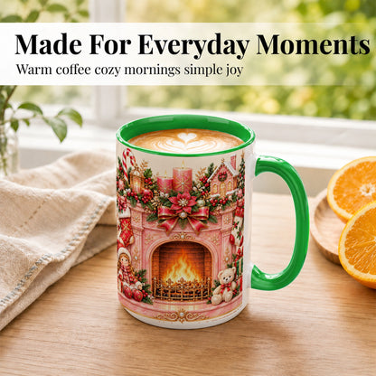 #pl[15oz|Green] Pink Christmas Fireplace Coffee Mug, Holiday Decor Mug, Ceramic Cup