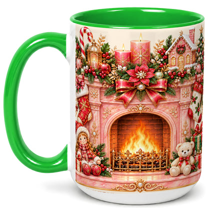 #pl[15oz|Green] Pink Christmas Fireplace Coffee Mug, Holiday Decor Mug, Ceramic Cup