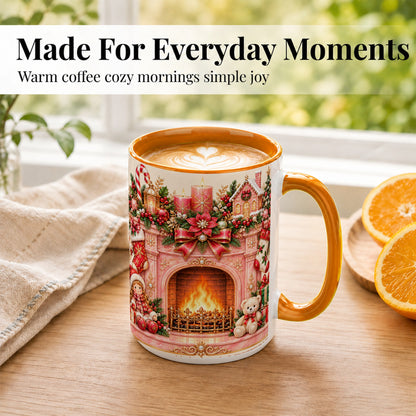 #pl[15oz|Orange] Pink Christmas Fireplace Coffee Mug, Holiday Decor Mug, Ceramic Cup