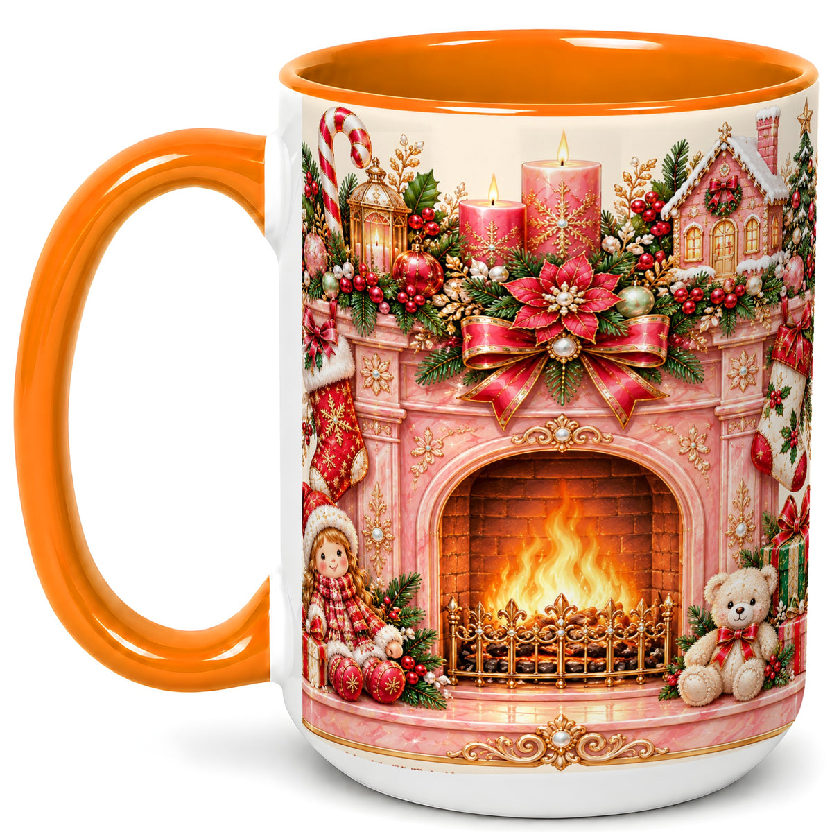 #pl[15oz|Orange] Pink Christmas Fireplace Coffee Mug, Holiday Decor Mug, Ceramic Cup