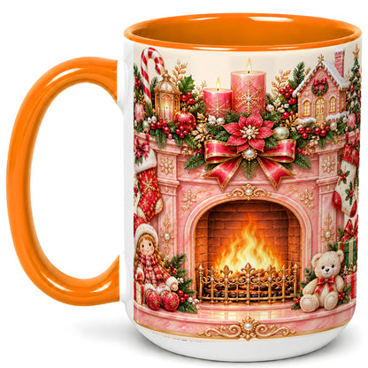 #pl[15oz|Orange] Pink Christmas Fireplace Coffee Mug, Holiday Decor Mug, Ceramic Cup