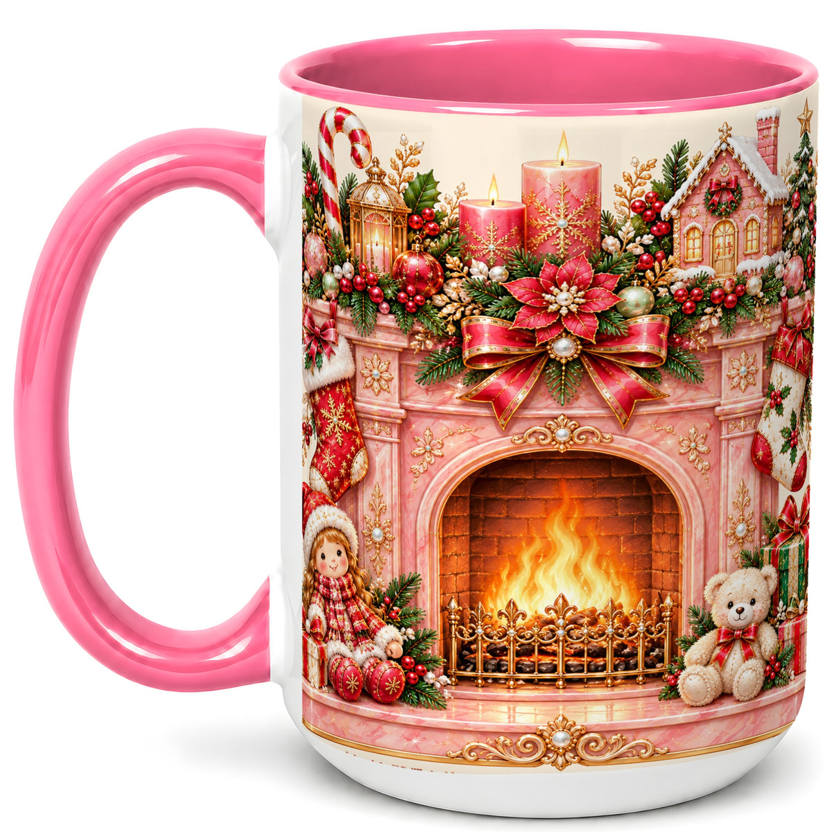 #pl[15oz|Pink] Pink Christmas Fireplace Coffee Mug, Holiday Decor Mug, Ceramic Cup
