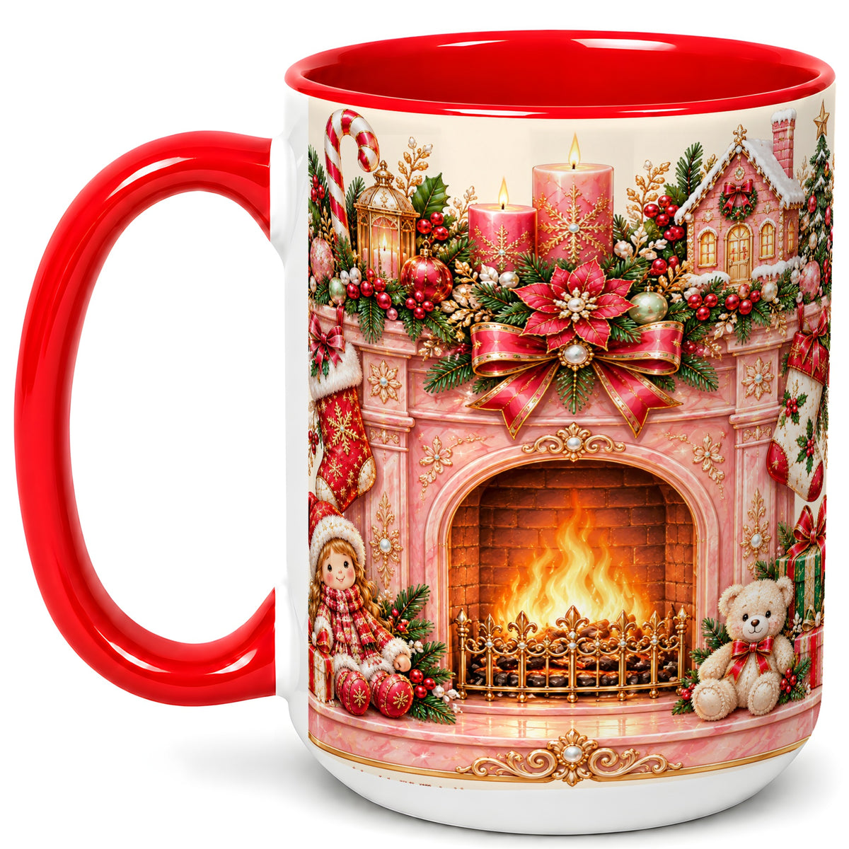 #pl[15oz|Red] Pink Christmas Fireplace Coffee Mug, Holiday Decor Mug, Ceramic Cup