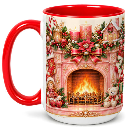 #pl[15oz|Red] Pink Christmas Fireplace Coffee Mug, Holiday Decor Mug, Ceramic Cup