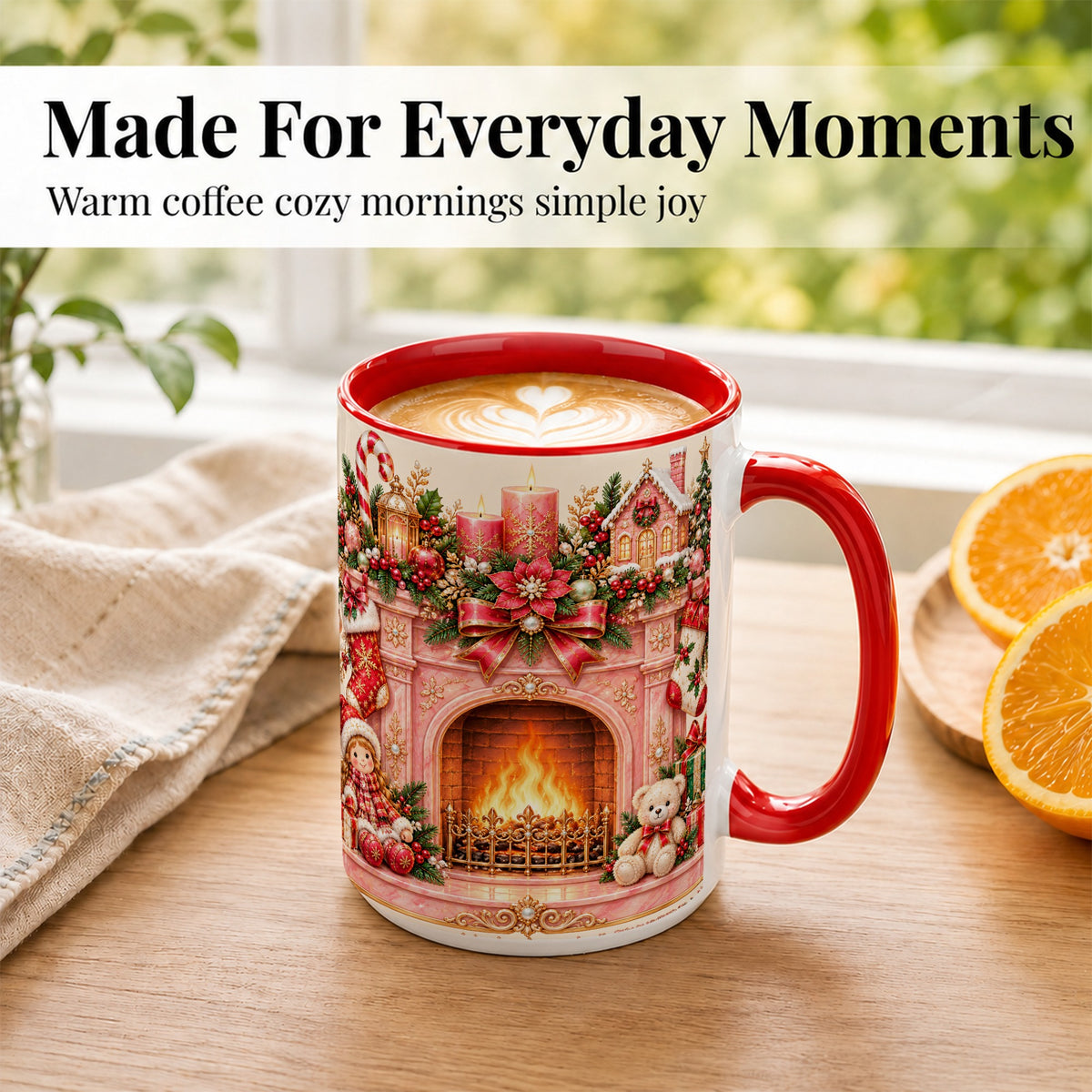 #pl[15oz|Red] Pink Christmas Fireplace Coffee Mug, Holiday Decor Mug, Ceramic Cup