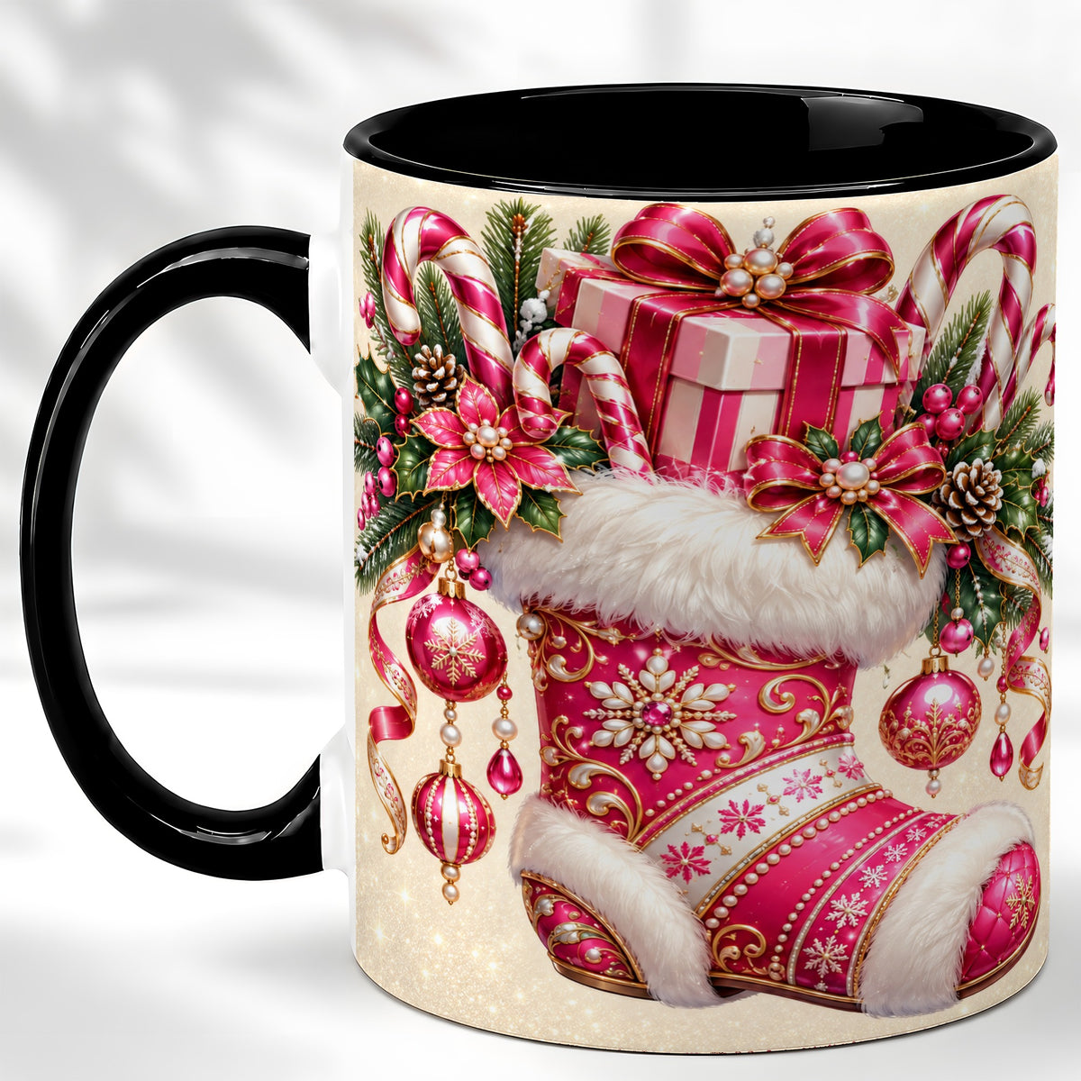 #pl[11oz|Black] Pink Christmas Stocking Coffee Mug, Candy Cane Mug, Ceramic Cup