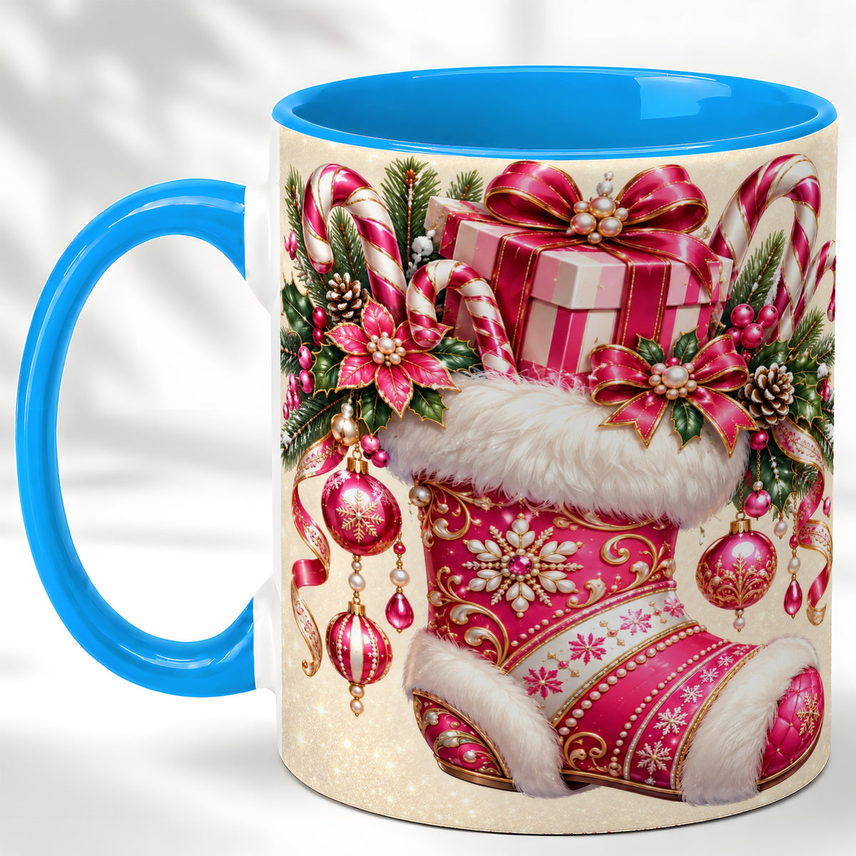 #pl[11oz|Blue] Pink Christmas Stocking Coffee Mug, Candy Cane Mug, Ceramic Cup