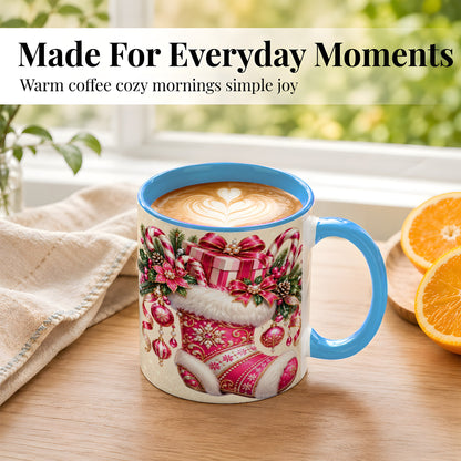 #pl[11oz|Blue] Pink Christmas Stocking Coffee Mug, Candy Cane Mug, Ceramic Cup