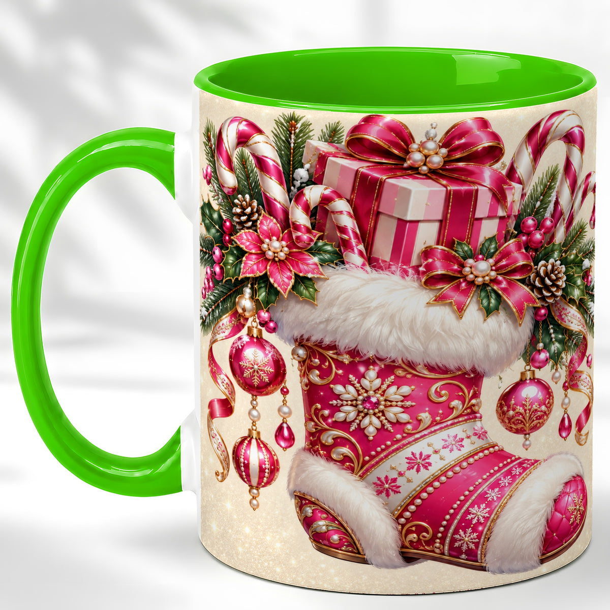 #pl[11oz|Green] Pink Christmas Stocking Coffee Mug, Candy Cane Mug, Ceramic Cup
