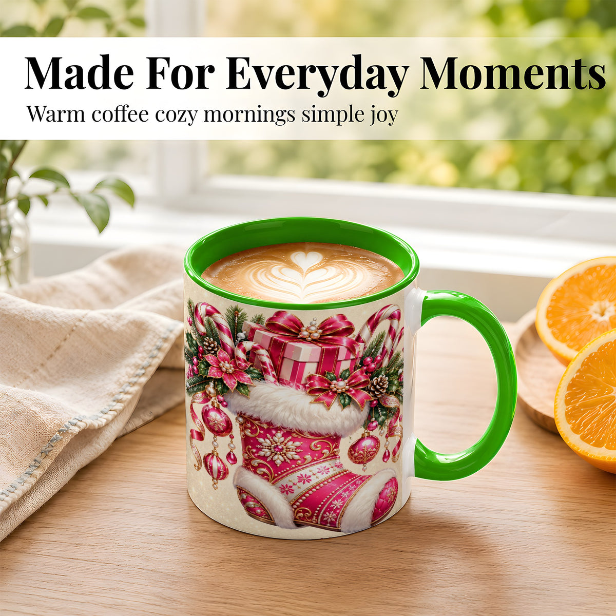 #pl[11oz|Green] Pink Christmas Stocking Coffee Mug, Candy Cane Mug, Ceramic Cup