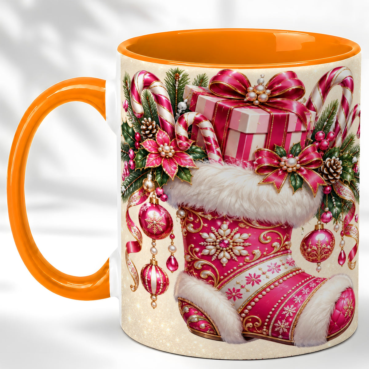#pl[11oz|Orange] Pink Christmas Stocking Coffee Mug, Candy Cane Mug, Ceramic Cup