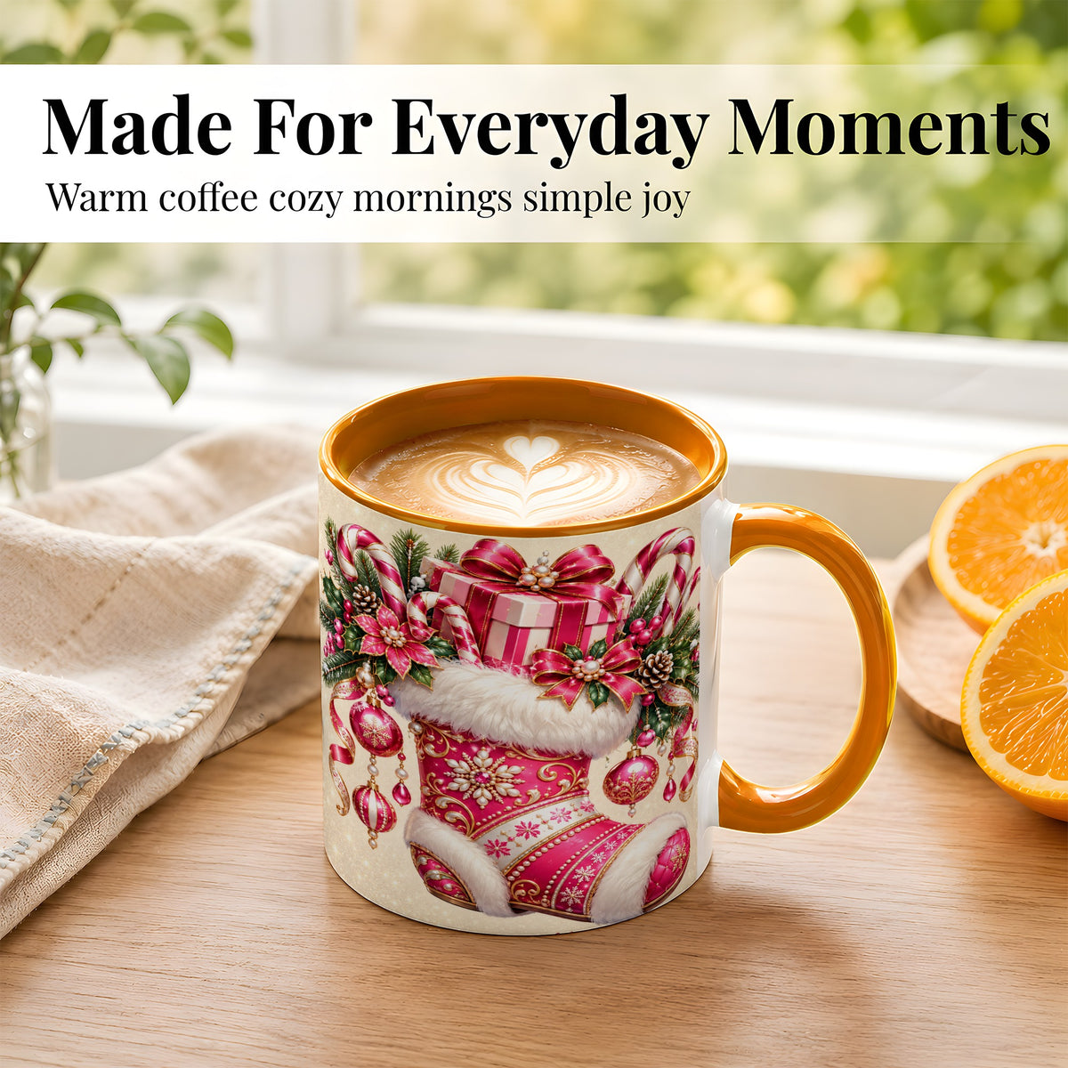 #pl[11oz|Orange] Pink Christmas Stocking Coffee Mug, Candy Cane Mug, Ceramic Cup