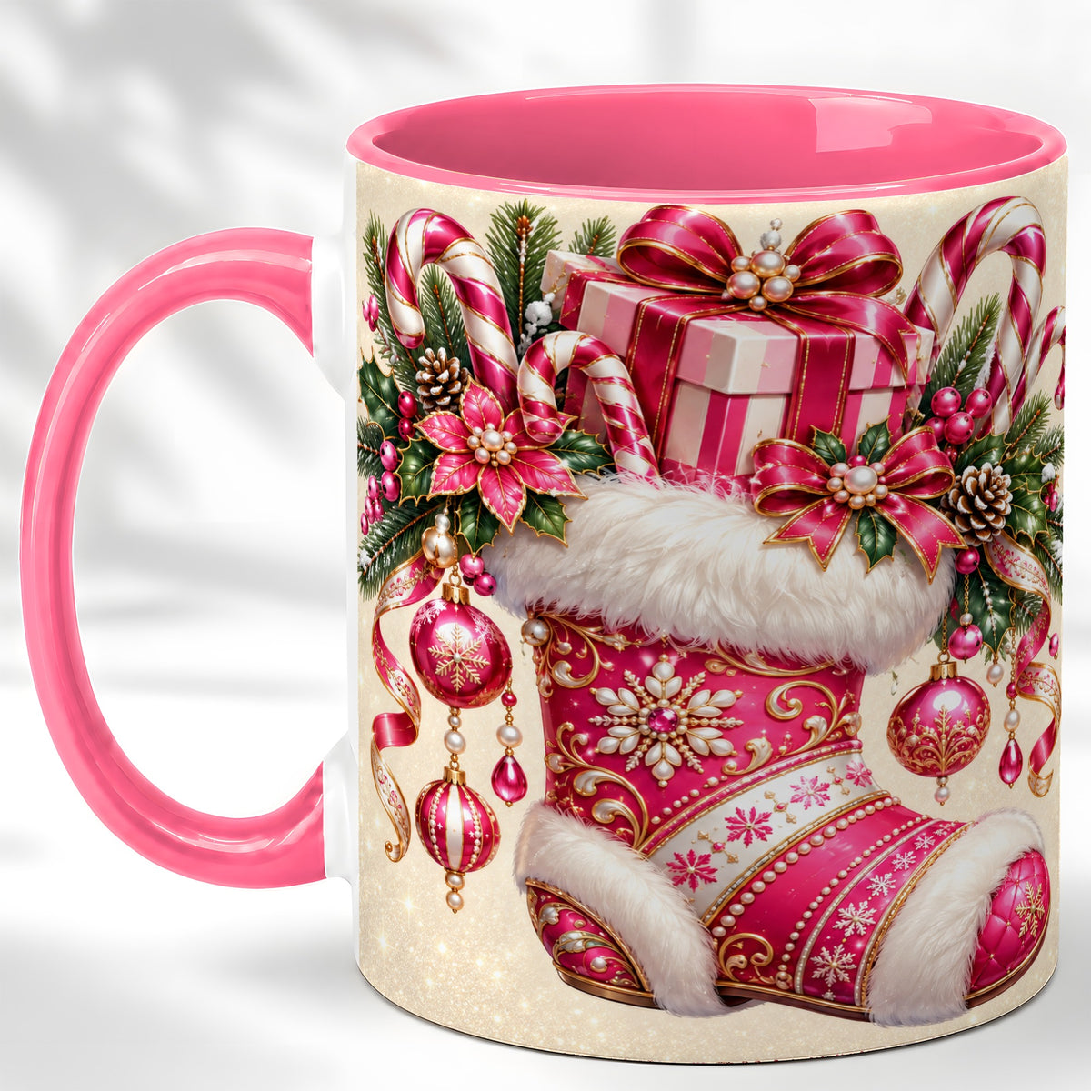 #pl[11oz|Pink] Pink Christmas Stocking Coffee Mug, Candy Cane Mug, Ceramic Cup