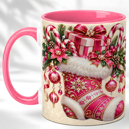 #pl[11oz|Pink] Pink Christmas Stocking Coffee Mug, Candy Cane Mug, Ceramic Cup