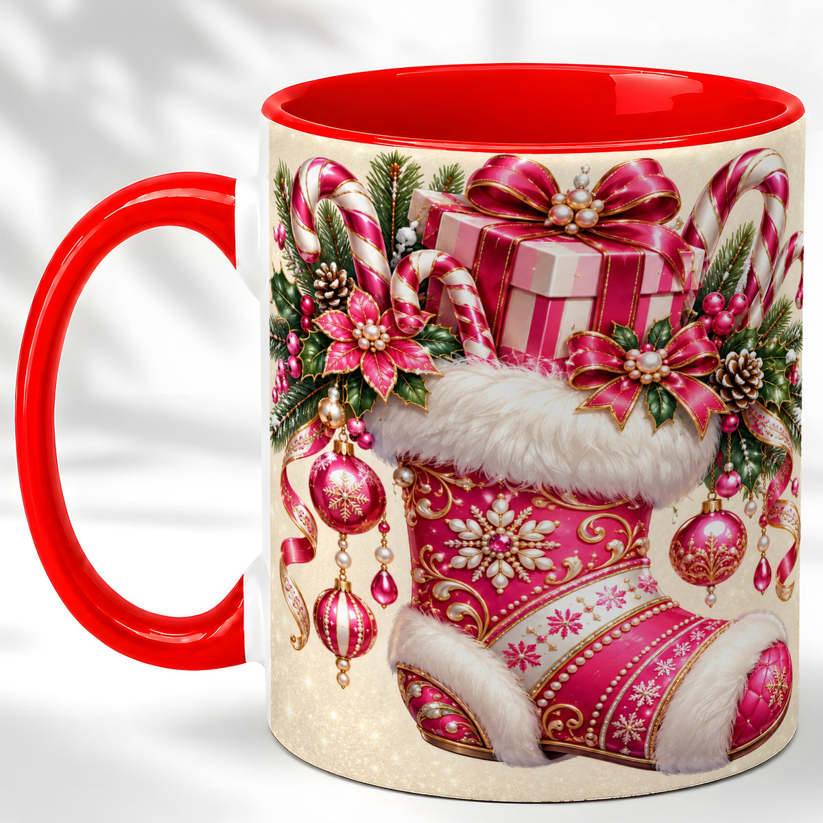 Pink Christmas Stocking Coffee Mug, Candy Cane Mug, Ceramic Cup