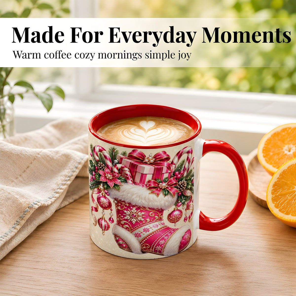 #pl[11oz|Red] Pink Christmas Stocking Coffee Mug, Candy Cane Mug, Ceramic Cup