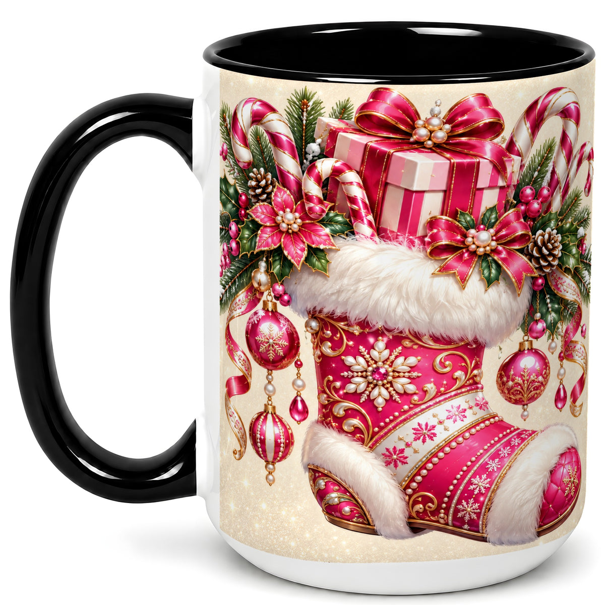 #pl[15oz|Black] Pink Christmas Stocking Coffee Mug, Candy Cane Mug, Ceramic Cup