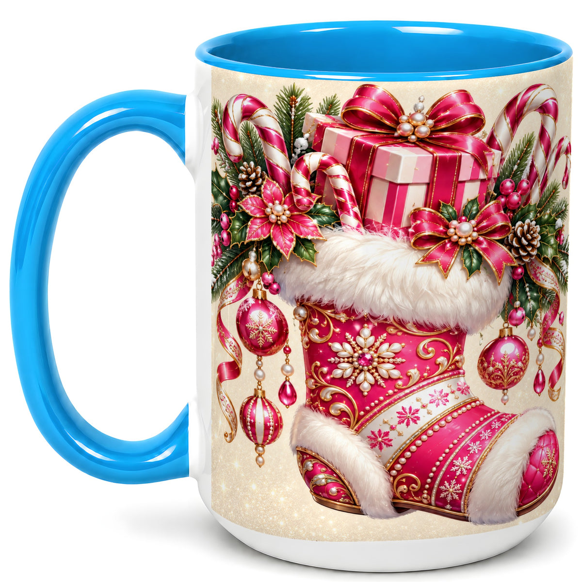 #pl[15oz|Blue] Pink Christmas Stocking Coffee Mug, Candy Cane Mug, Ceramic Cup