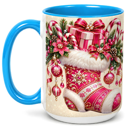 #pl[15oz|Blue] Pink Christmas Stocking Coffee Mug, Candy Cane Mug, Ceramic Cup