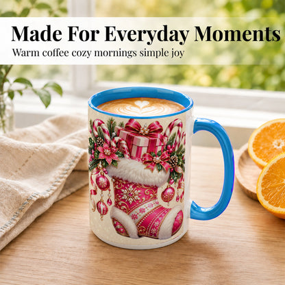 #pl[15oz|Blue] Pink Christmas Stocking Coffee Mug, Candy Cane Mug, Ceramic Cup