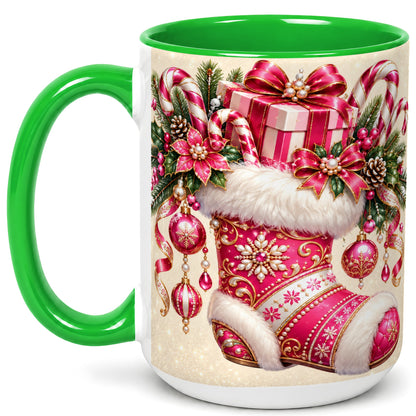 #pl[15oz|Green] Pink Christmas Stocking Coffee Mug, Candy Cane Mug, Ceramic Cup