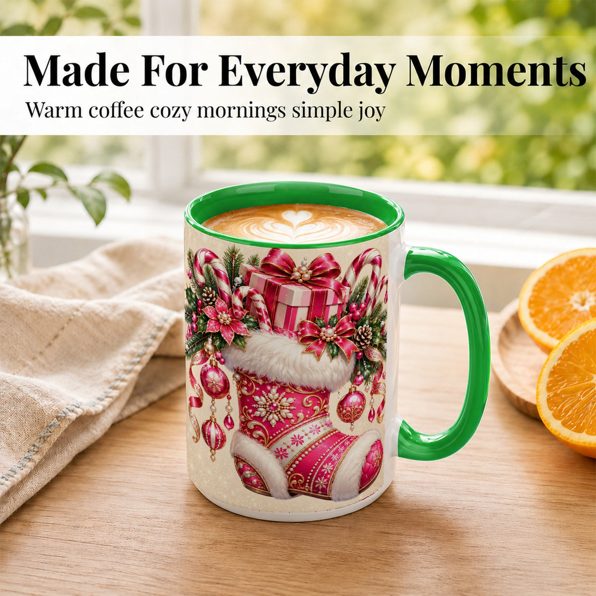 #pl[15oz|Green] Pink Christmas Stocking Coffee Mug, Candy Cane Mug, Ceramic Cup