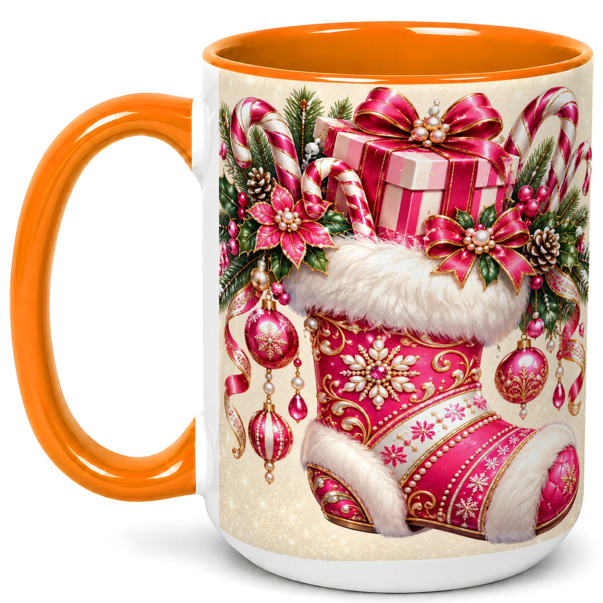 #pl[15oz|Orange] Pink Christmas Stocking Coffee Mug, Candy Cane Mug, Ceramic Cup