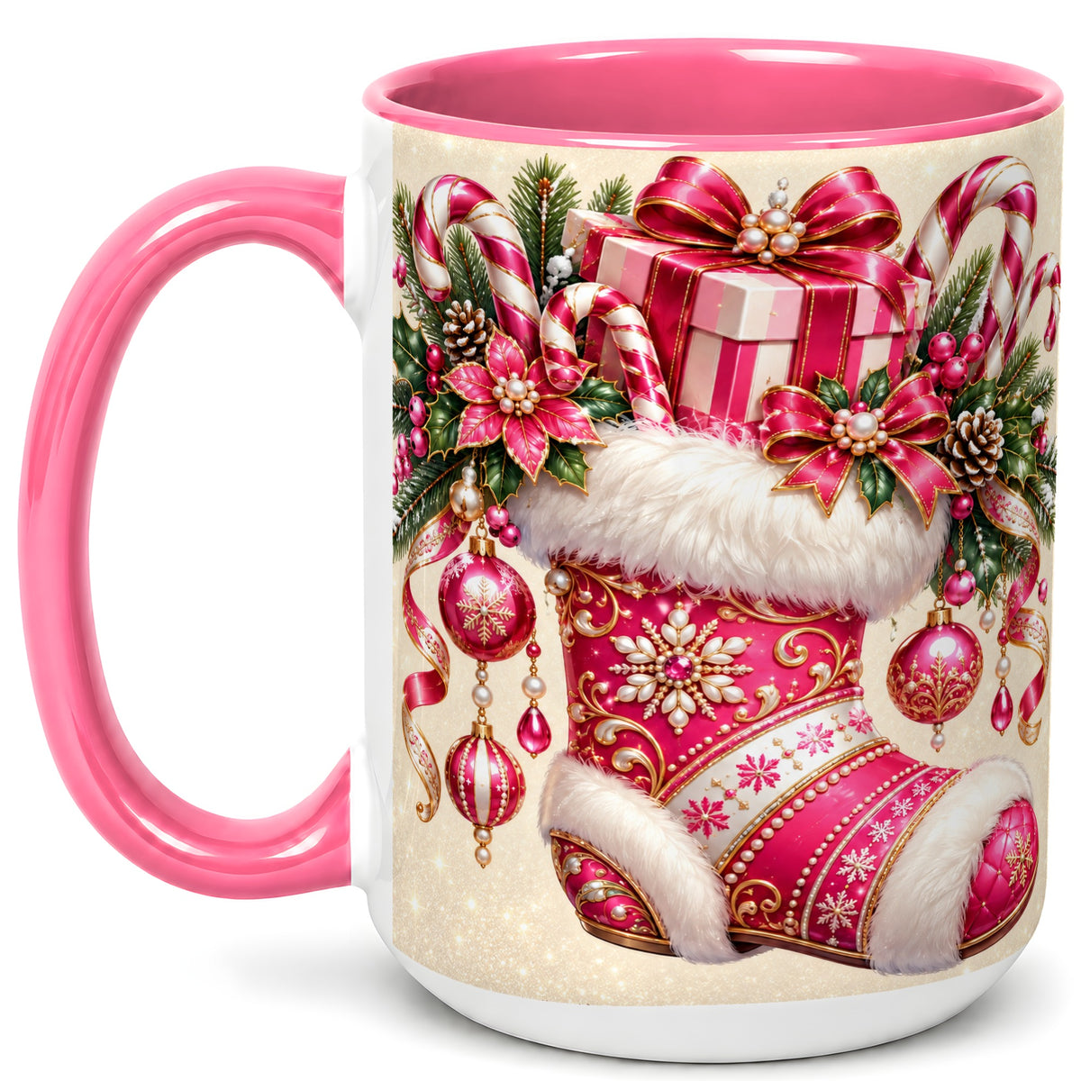 #pl[15oz|Pink] Pink Christmas Stocking Coffee Mug, Candy Cane Mug, Ceramic Cup