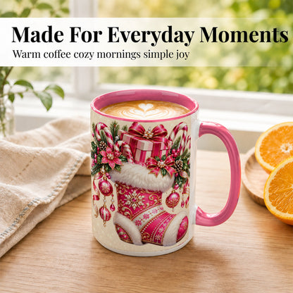 #pl[15oz|Pink] Pink Christmas Stocking Coffee Mug, Candy Cane Mug, Ceramic Cup
